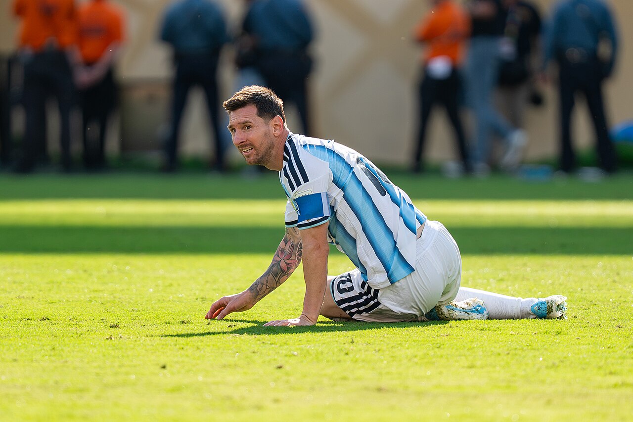 Lionel Messi in Argentina's striped jersey during the 2026 World Cup final.